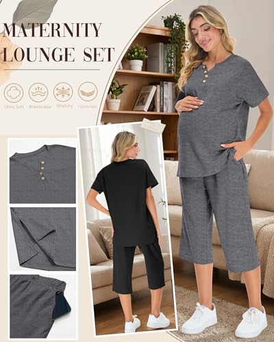 2 Pack Maternity Lounge Outfits - color: Black, Dark Mix Gray