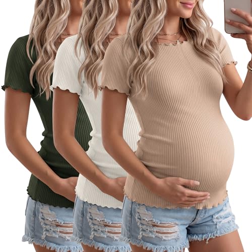 3 Pack Women's Maternity Ribbed Shirts - color: Army Green, Cream, Khaki, size: Medium