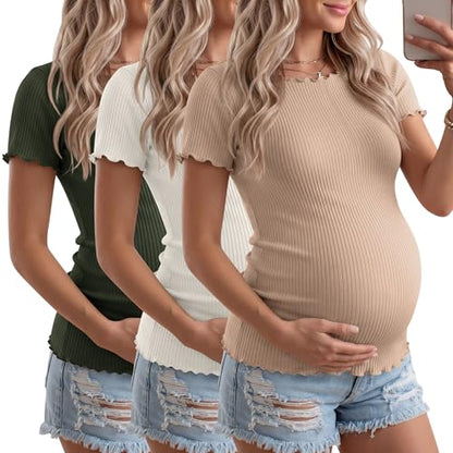 3 Pack Women's Maternity Ribbed Shirts - color: Army Green, Cream, Khaki, size: Medium