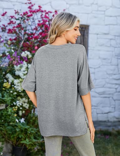 Totatuit Womens Oversized T Shirts Short Sleeve V Neck Basic Tees Tops - color: Grey, size: X-Large
