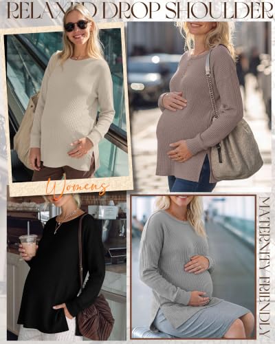 Xaatren 4 Pack Womens Maternity Long Sleeve Shirts Waffle Tops - color: Camel, Beige, Light Gray, Black, size: Medium