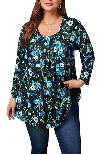 Plus Size Tunic Tops for Women 3/4 Sleeve Tunics Loose Fit Shirt Crew Neck Pleated Solid Casual Dressy Blouses - color: Blue Flower +Black, size: X-Large
