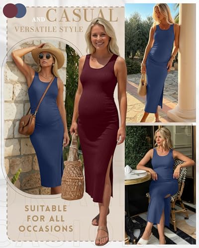 2 Pack Womens Split Long Maternity Dress - color: Burgundy, Navy Blue, size: Large