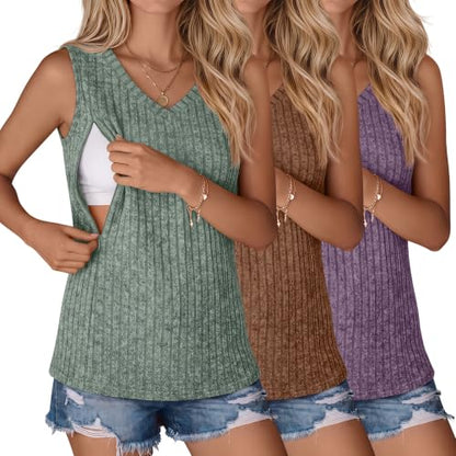 3 Pack Women's Nursing Tank Tops - color: Green, Brown, Purple, size: Small