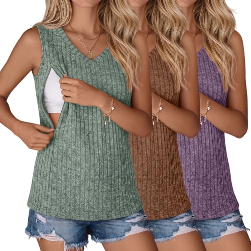 3 Pack Women's Nursing Tank Tops - color: Green, Brown, Purple, size: Small