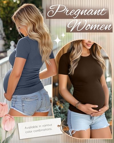 Ficerd 3 Pack Women's Short Sleeve Maternity Shirts - color: Haze Blue, Coffee, Purple, size: XX-Large