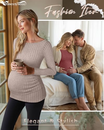 3 Pack Maternity Sweaters Long Sleeve Pregnancy Tops - color: Light Brown, Brick Red, Black, size: Small