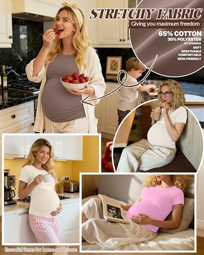 Huukeay 4 Pack Women's Short Sleeve Maternity Tops - color: Peach Pink, Light Coffee, Cream, Army Green, size: Small