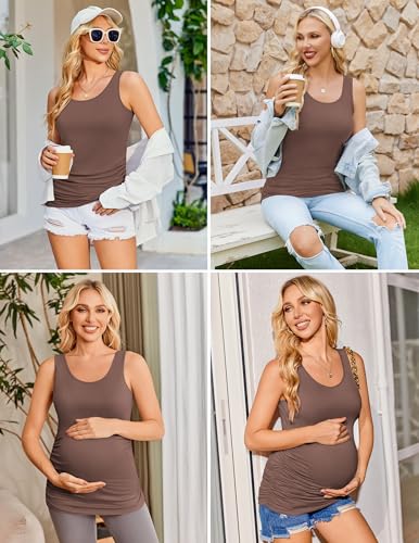 Ekouaer 3 Pack Women Maternity Tank Tops Summer Pregnancy Shirts - color: Black/Beige/Coffee, size: Medium