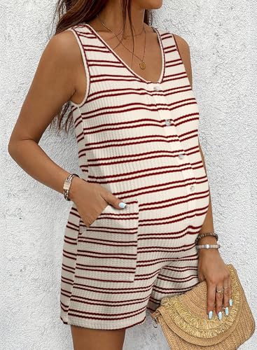 BLENCOT Maternity and Postpartum Romper for Women Button Down Striped Sleeveless V Neck Loose Jumpsuit with Pockets - color: Red Stripe, size: Large