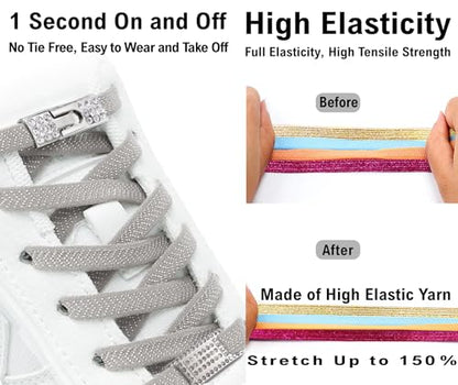 Elastic No Tie Shoe Laces with Bling Diamond Locks & Charms for Women's Sneakers - color: 08 Light Grey- Silver