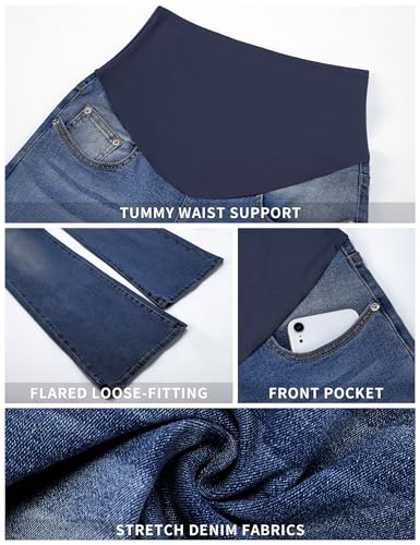 BISUAL Maternity Jeans Over The Belly Slim Stretch Flare Maternity Pants Casual Belly Bell Bottoms Maternity Work Pants - color: Light Blue, size: Medium