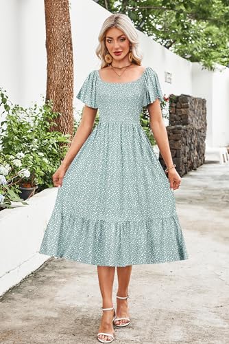 AUSELILY Women's Summer Smocked Short Sleeve Midi Dress 2026 - color: Green Spot, size: Large