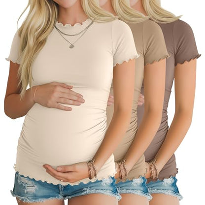 Xaatren 3 Pack Women's Maternity Short Sleeve Shirts - color: Cream, Khaki, Coffee, size: XX-Large