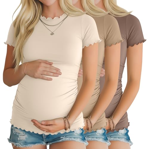 Xaatren 3 Pack Women's Maternity Short Sleeve Shirts - color: Cream, Khaki, Coffee, size: Medium
