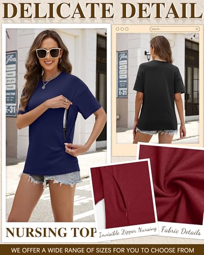 Riyiper 3 Pack Women's Nursing Short Sleeve Shirts - color: Dark Red, Navy Blue, Black, size: Small
