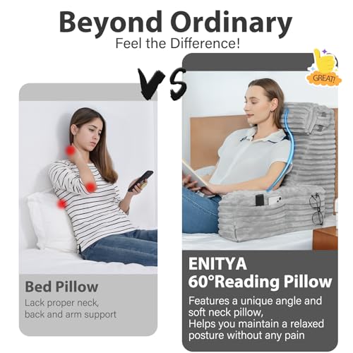 ENITYA 22" XL Back Pillow for Bed Sitting Up with Armrests & Big Pockets - color: Light Grey, size: XL(5'3"-5'11")