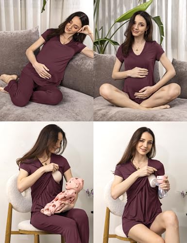 SUNNYBUY 3 PCS Maternity Breastfeeding Pajamas Set with Hidden Nursing Top - color: Burgundy, size: Small