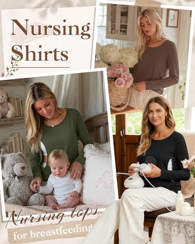 Oakgarden 4 Pack Women Cotton Nursing Tops for Breastfeeding - color: Army Green, Coffee, White, Black, size: Medium