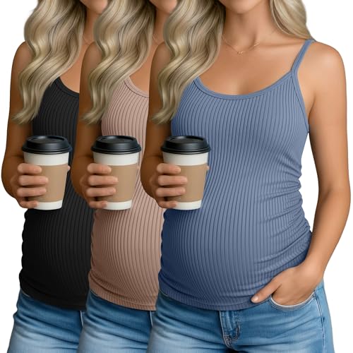 3 Pack Women's Maternity Tank Tops - color: Haze Blue, Khaki, Black, size: Small