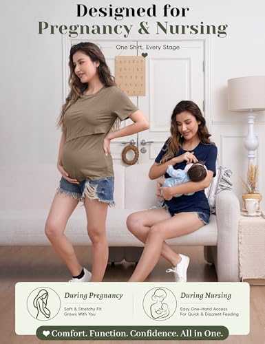 SUNNYBUY Women's Nursing Tops 3 Pack, Breastfeeding Shirts Maternity Tee - color: Navy/Sage Green/Taupe, size: Medium