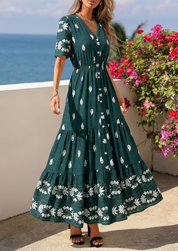 PRETTYGARDEN Womens Short Sleeve Boho Maxi Dress - color: Peacock Blue, size: Medium