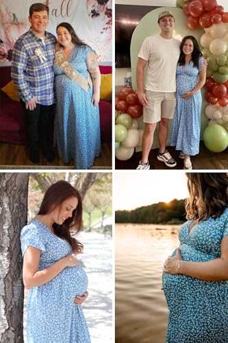 OUGES Women's Wrap V Neck Summer Maternity Photoshoot Dress with Pockets - color: Light Blue Floral, size: Medium