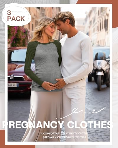 Neer 3 Pack Maternity Long Sleeve Shirts Ribbed Pregnancy Tops - color: Black, Dark Gray, Army Green, size: Medium