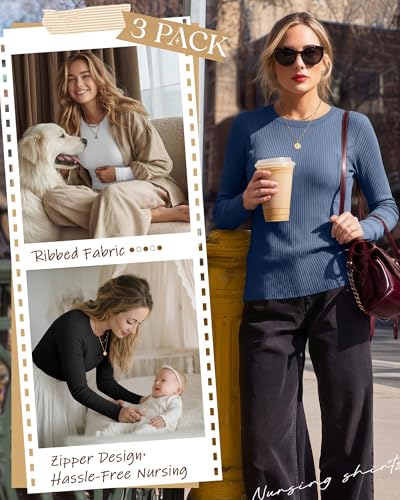 3 Pack Womens Long Sleeve Nursing Shirts, Ribbed Knit - color: Haze Blue, White, Black, size: Small