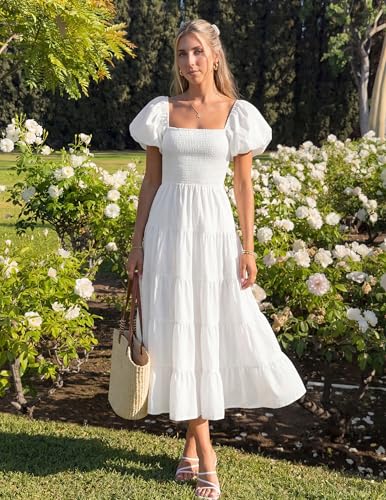 ZESICA Women Summer Puff Sleeve Boho Wedding Guest Midi Dress - color: White, size: X-Large