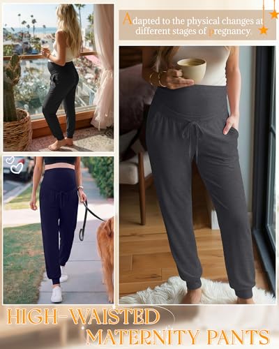 3 Pack Womens Maternity Pants Loose Pregnancy Joggers - color: Navy Blue, Dark Heather Gray, Black, size: Large