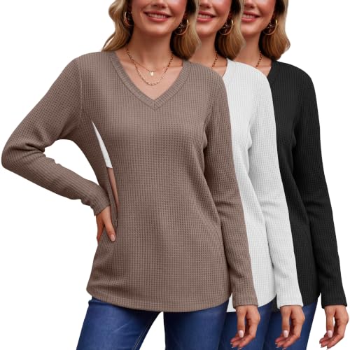 Huukeay 3 Pack Women's Waffle Knit Nursing Shirts - color: Coffee, White, Black, size: Small