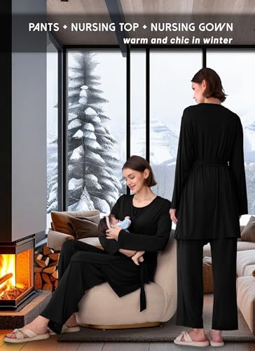 Rnxrbb 3 PCS Nursing Pajamas Robe Set Maternity Postpartum Pjs for Hospital - color: Black, size: X-Large