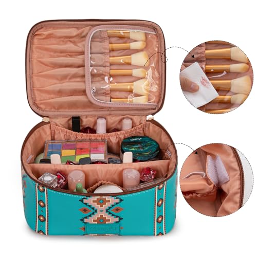 Wrangler Travel Makeup Bag 2pcs Set Cosmetic Bag with Makeup Brush Holder - color: Aztec-Turquoise
