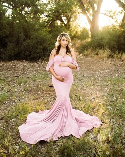 Saslax Off Shoulder Ruffle Sleeves Elegant Fitted Maxi Maternity Dress for Photoshoot Baby Shower - color: Pink, size: Medium
