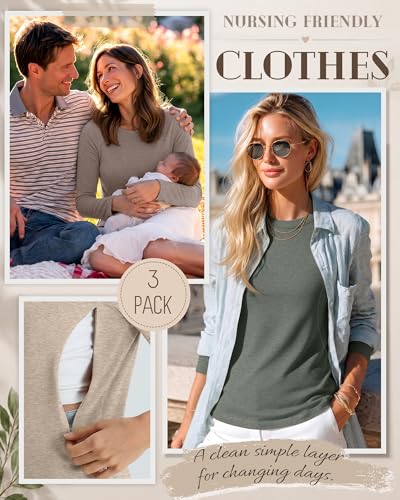3 Pack Women's Nursing Tops Breastfeeding Shirts Fall - color: Coffee, Light Camel, Gray Green, size: XX-Large