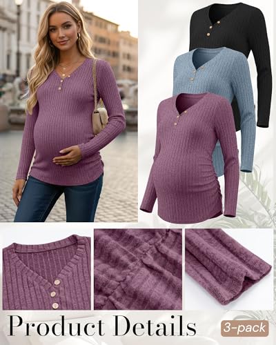 Oakgarden 3 Pack Women's Ribbed Henley Maternity Sweaters - color: Black, Blue, Fuchsia, size: Medium