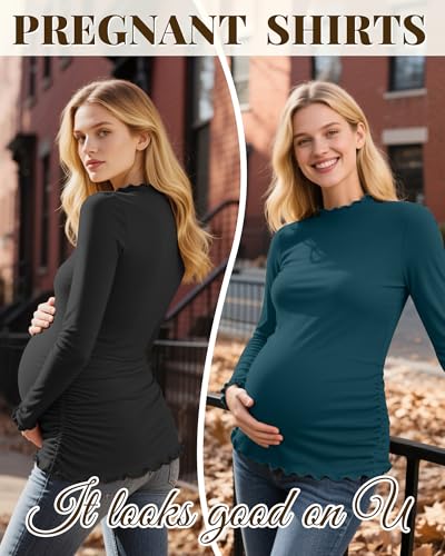 4 Pack Women Maternity Side Ruched Long Sleeve Shirts - color: Dark Green, Teal, Light Gray, Black, size: Small