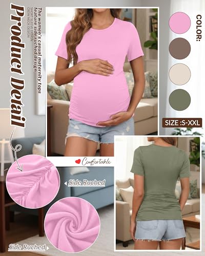 Huukeay 4 Pack Women's Short Sleeve Maternity Tops - color: Peach Pink, Light Coffee, Cream, Army Green, size: Small