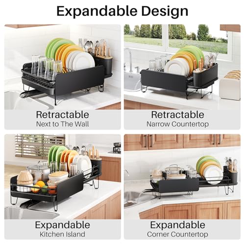 SNTD Large Dish Drying Rack for Kitchen Counter, Expandable, Black - color: Black