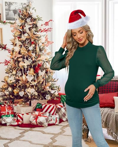FMEYOA Women's Maternity Shirt Long Sleeve Top Mock Neck Blouse - color: Green, size: Small