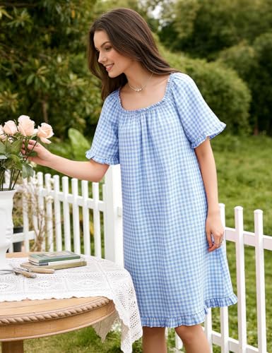 Flygo Womens Gingham Nightgown Cotton Pullover House Dress with Pockets - color: Blue, size: X-Large