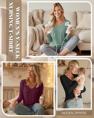 Huukeay 3 Pack Maternity Nursing Tops Breastfeeding Shirts - color: Black, Gray Green, Burgundy, size: Medium