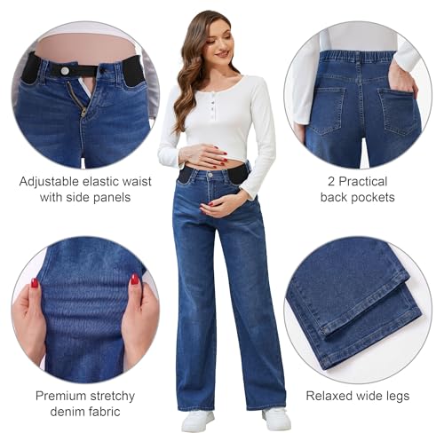 POSHGLAM Maternity Jeans Wide Leg Side Panel for Pregnancy & Postpartum, Comfy Stretch Denim Pants - color: Dark Blue, size: X-Large