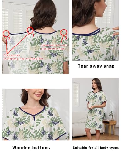 Hospital Gowns for Women Open Back Snap Post Shoulder Surgery Gown - color: Green Yellow Flower, size: Medium