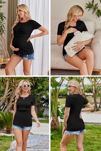 Ekouaer Nursing Tops 3 Pack Short Sleeve Maternity Breastfeeding Shirts - color: 3pcs Black / Brown / White, size: Medium