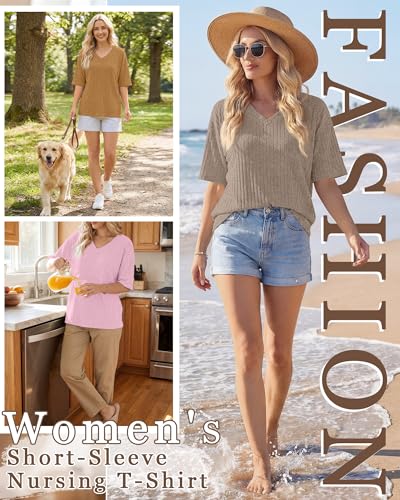 Ficerd 4 Pack Women's Oversize Nursing Shirts - color: Orange, Light Pink, Khaki, Light Coffee, size: Small
