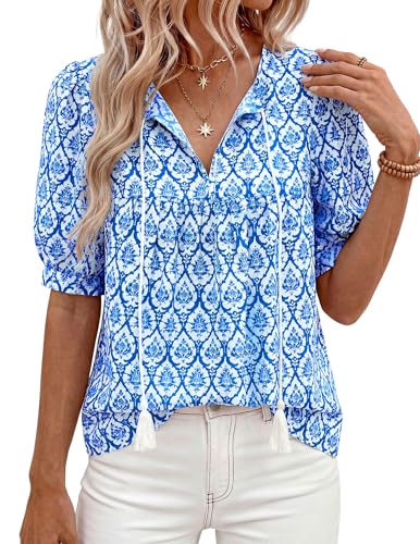 PRETTYGARDEN Womens Summer Boho Blouses Dressy Casual - color: Floral Blue, size: Medium
