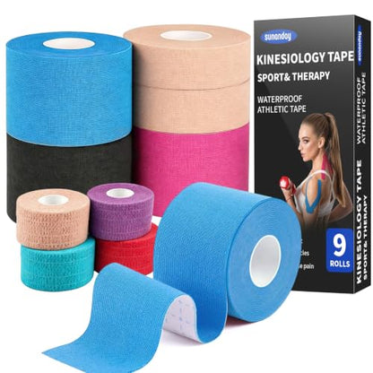 9 Rolls Kinesiology Tape, Multicolor Athletic Support Bandage Wrap, Elastic
