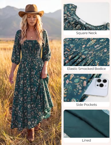Kate Kasin Womens Summer Fall Boho Maxi Wedding Guest Dresses with Pockets - color: Emerald Green Floral, size: Medium